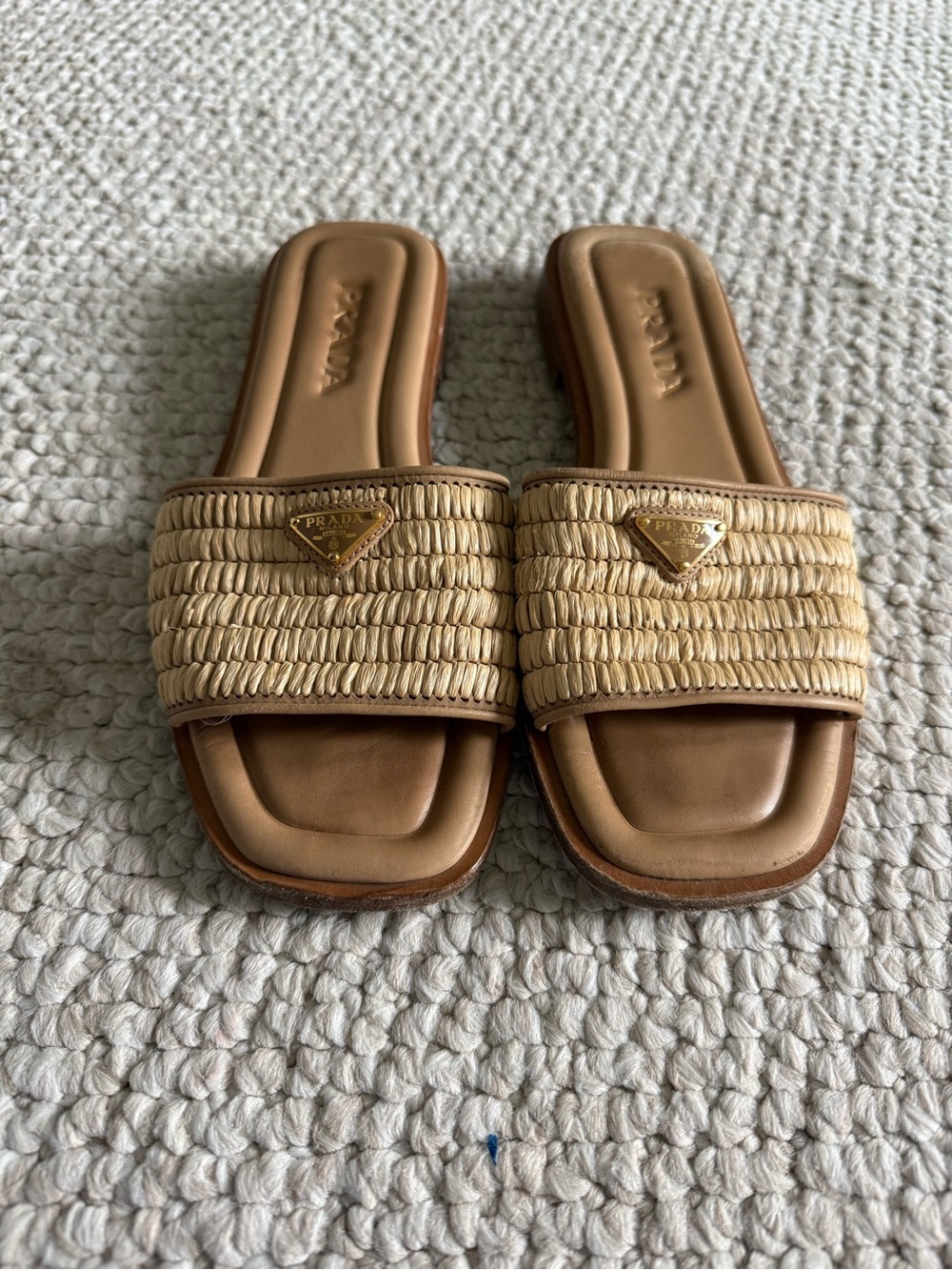 Prada Beige Raffia Slide Sandals with Gold Logo - Picture 2 of 6